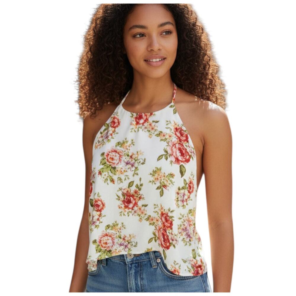 OBOE CREAM & PINK FLORAL HALTER TOP SZ.M EUC.